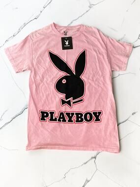 Playboy Women’s Graphic T-Shirt Size M Pink Washed Bunny Logo Cotton Tee NWT